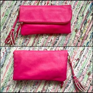Cross Body, Fold-over Clutch, with tassel, Hot Pink